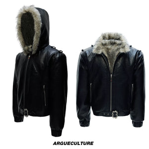 Fleece-Lined Faux Leather Hooded Streetwear Jacket - Black Top