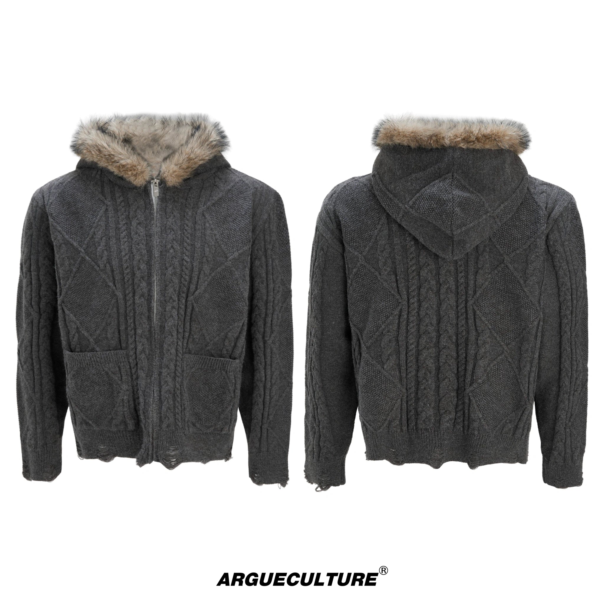 Wool-Blend Faux-Fur Collar Cardigan Sweater - Gray