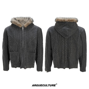 Wool-Blend Faux-Fur Collar Cardigan Sweater - Gray
