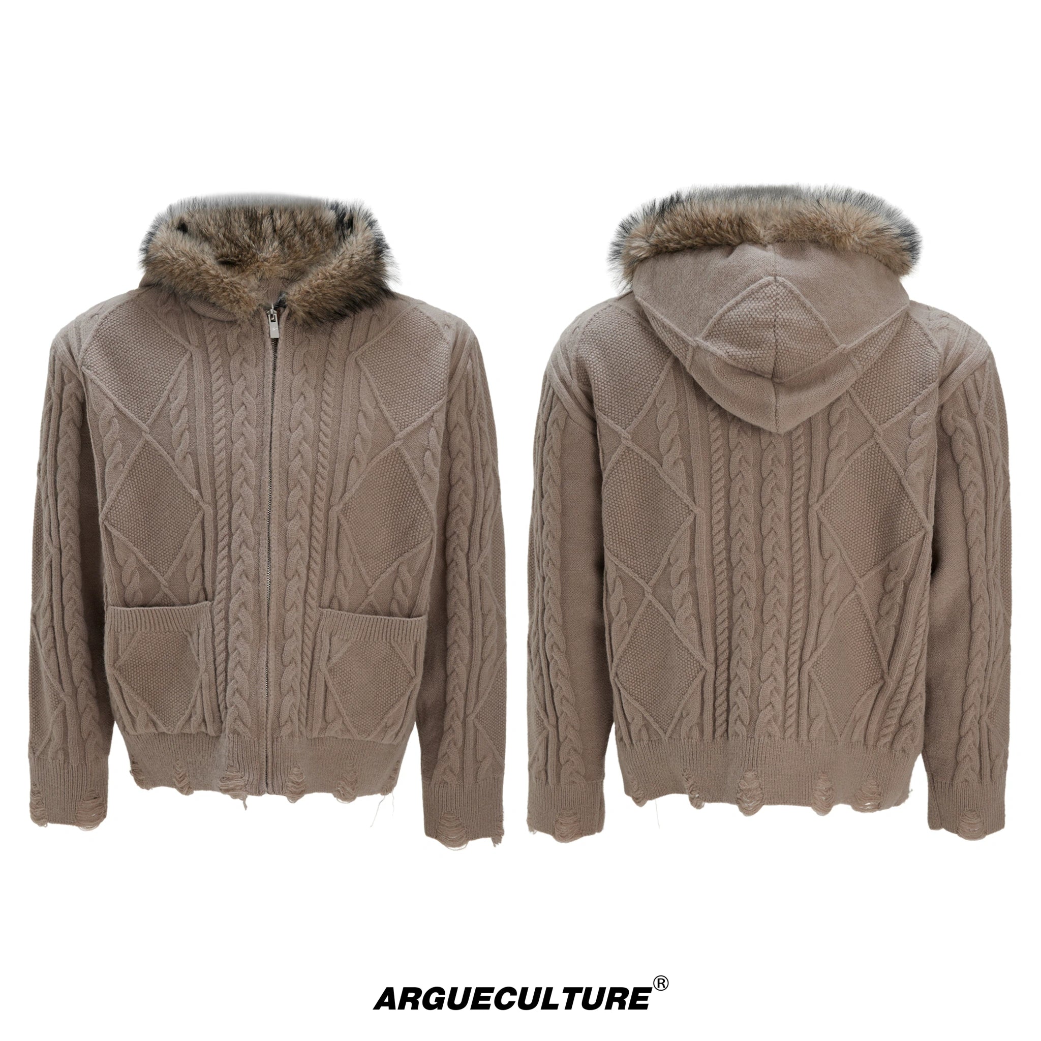 Wool-Blend Faux-Fur Collar Cardigan Sweater - Camel