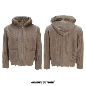 Wool-Blend Faux-Fur Collar Cardigan Sweater - Camel