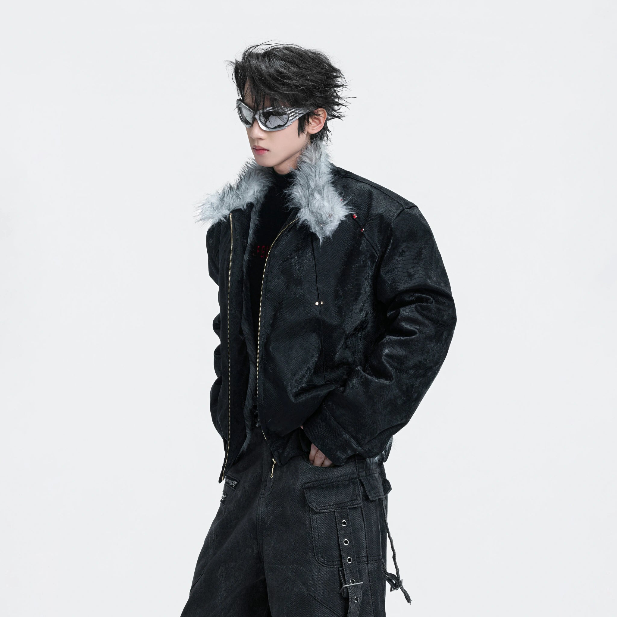 Oversized Faux Leather Fur-Collar Jacket | Unisex - main image 3