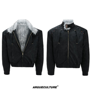 Oversized Faux Leather Fur-Collar Jacket | Unisex - Black Top