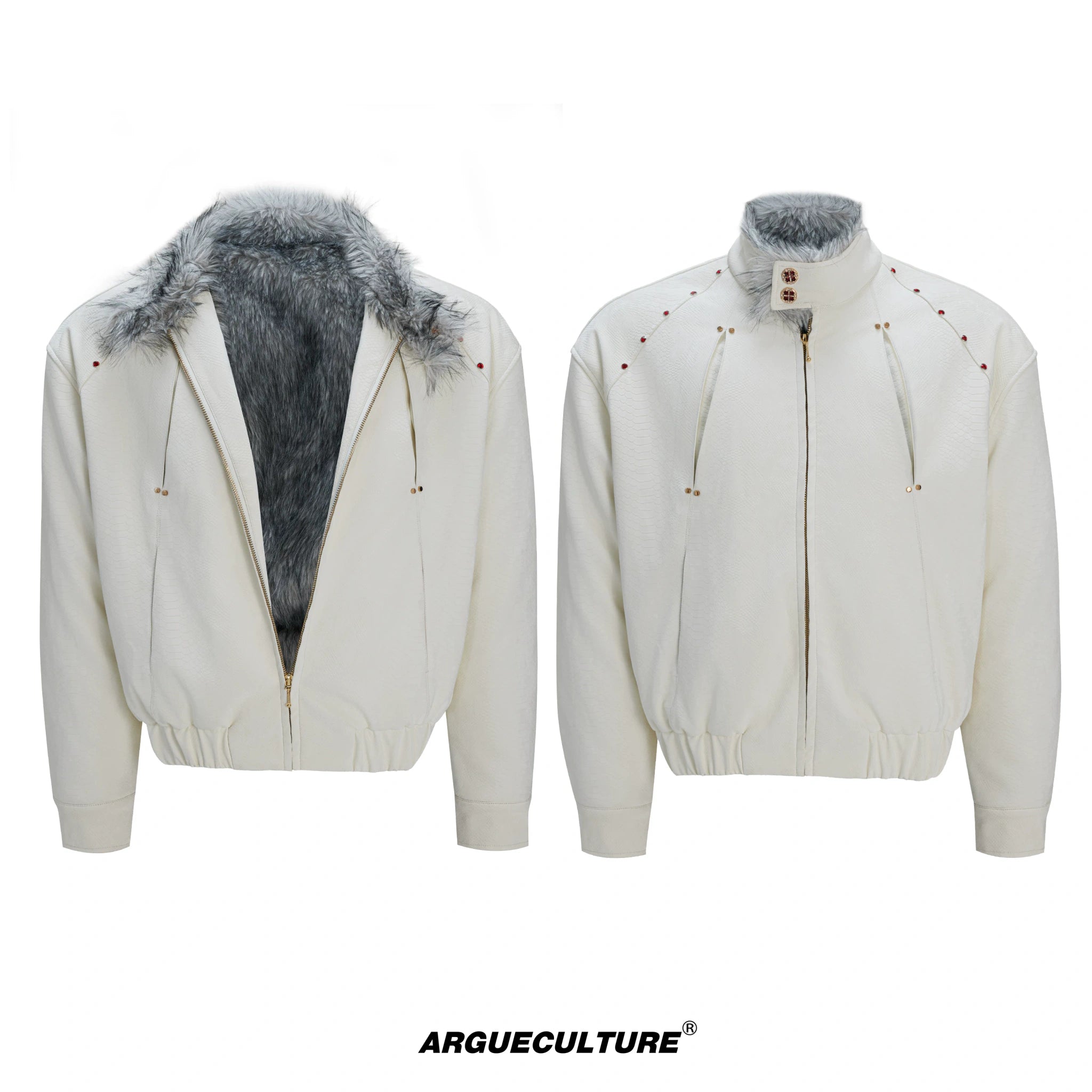 Oversized Faux Leather Fur-Collar Jacket | Unisex - White Top