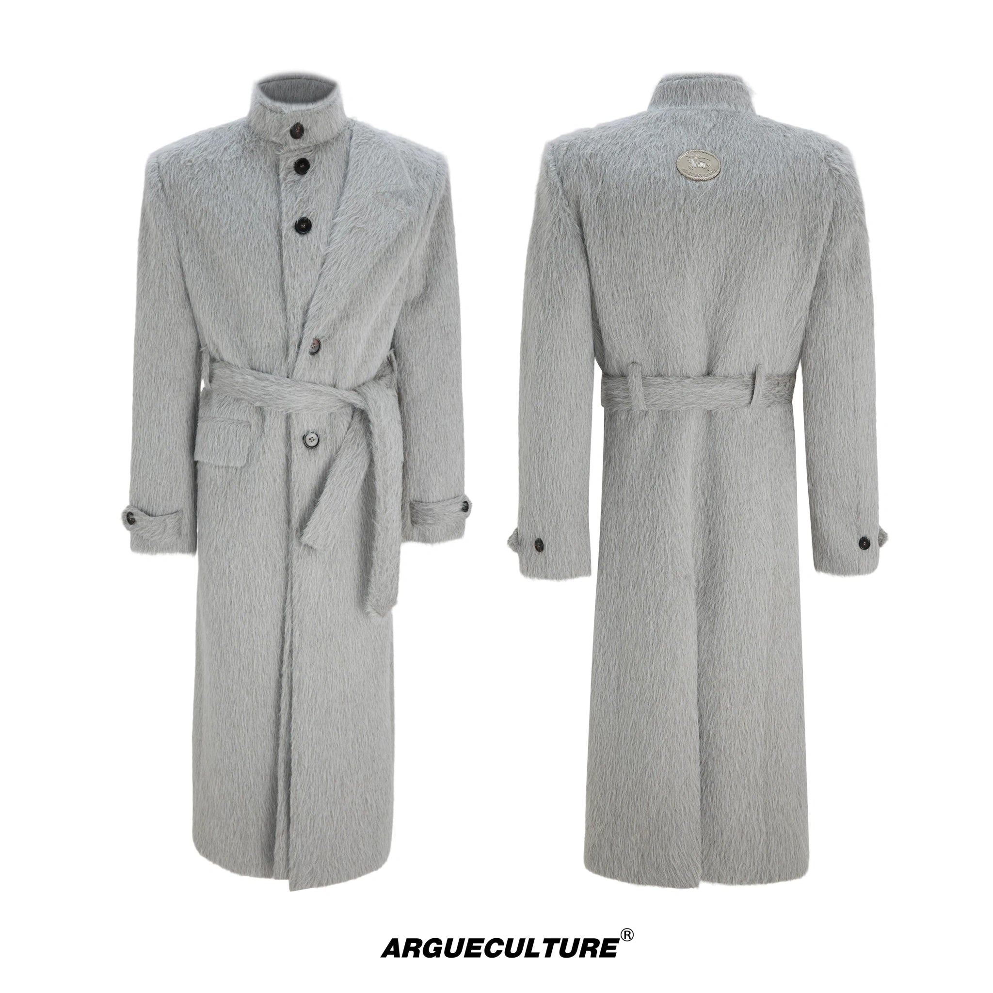 Deconstructed Cotton-Wool Long Coat with Tie Waist - Grey Top