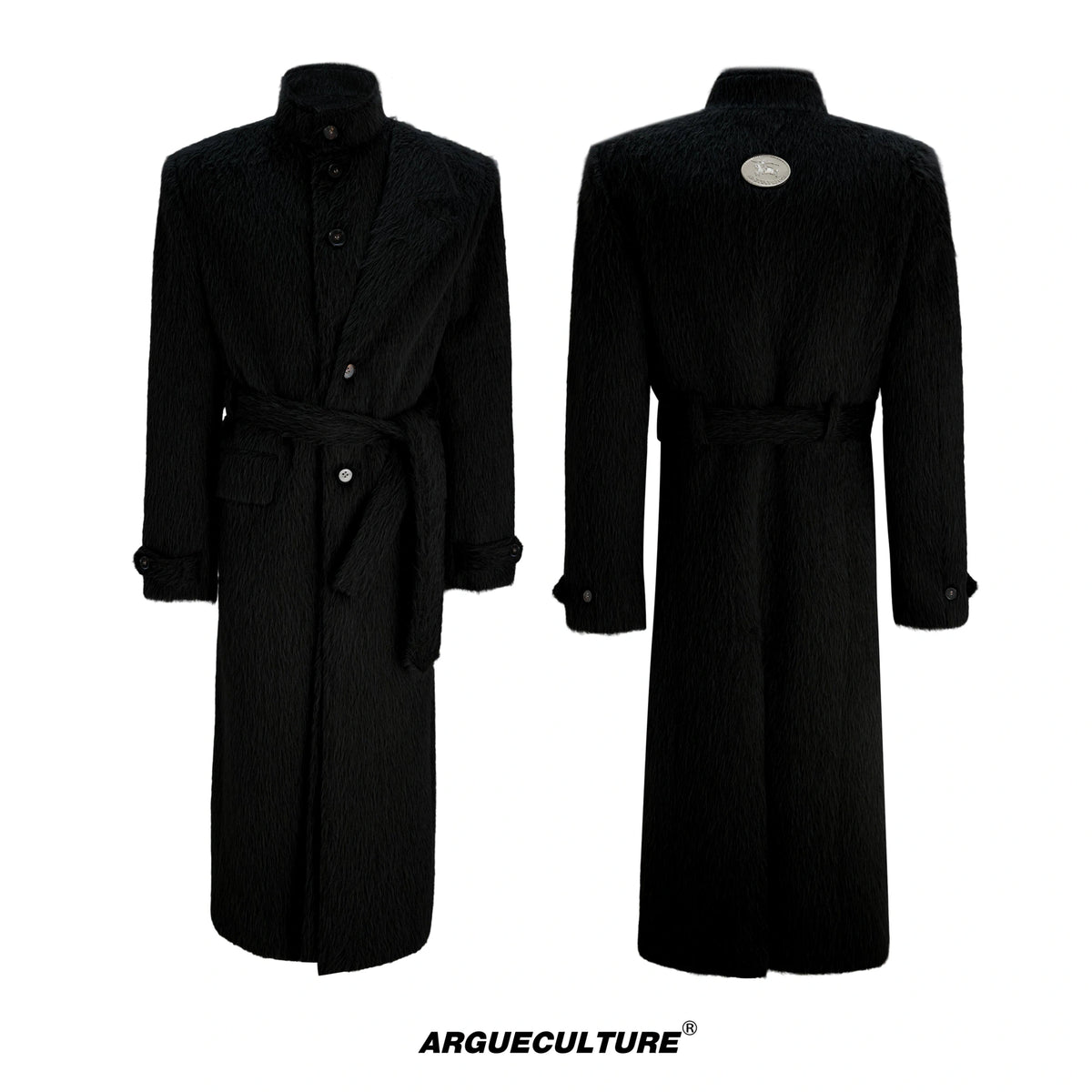 Deconstructed Cotton-Wool Long Coat with Tie Waist - Black Top