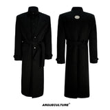 Deconstructed Cotton-Wool Long Coat with Tie Waist - Black Top