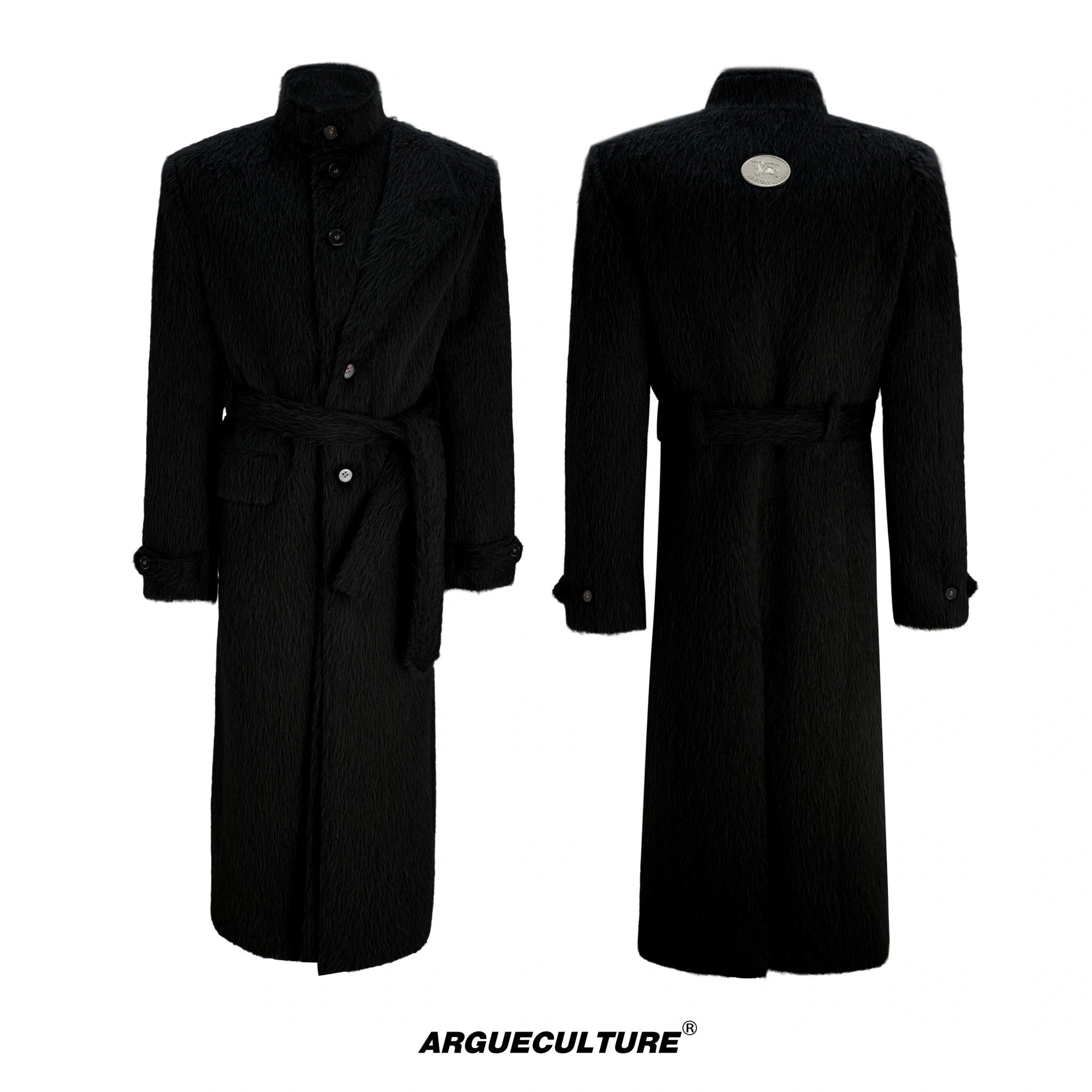 Deconstructed Cotton-Wool Long Coat with Tie Waist - Black Top