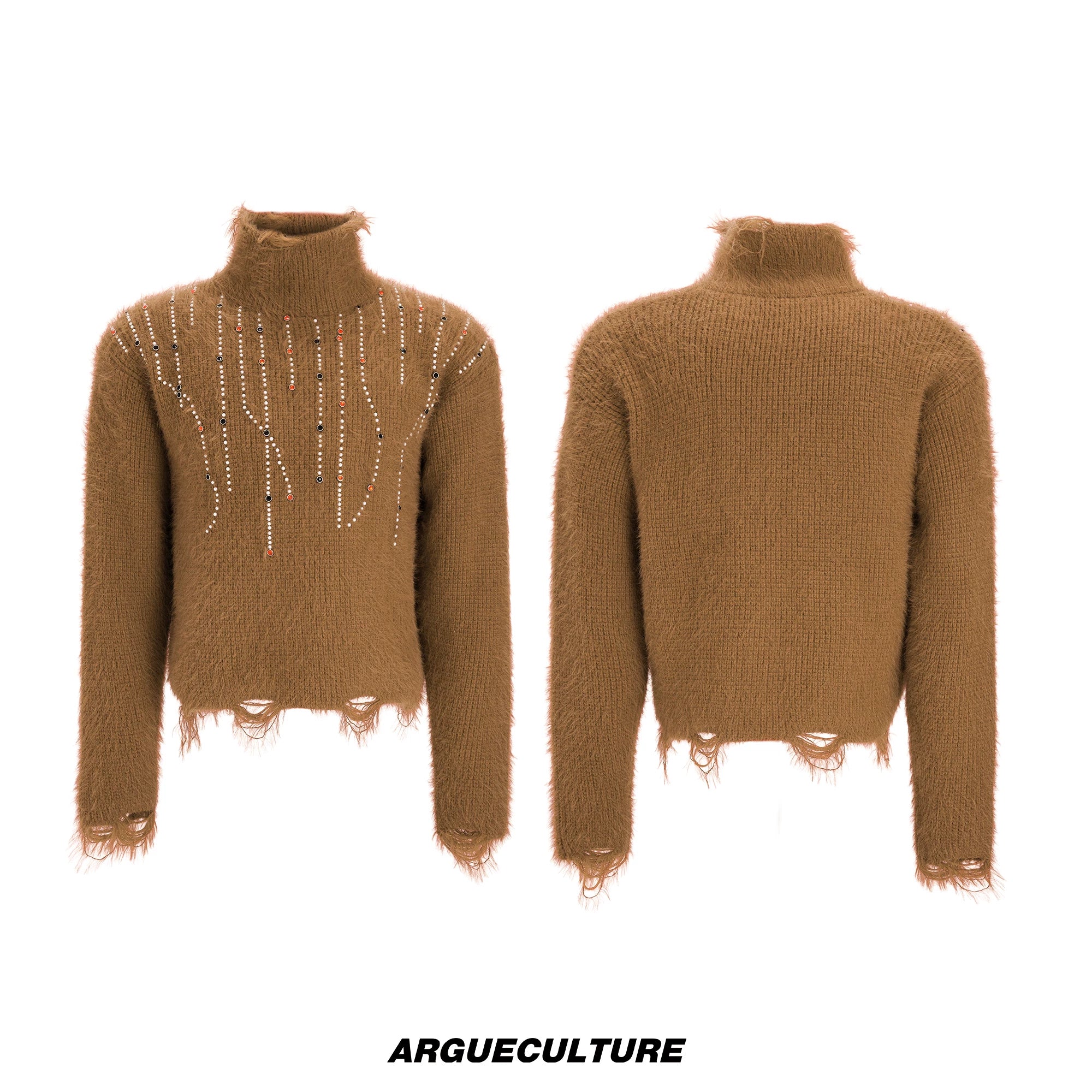 Gemstone Accent Turtleneck Sweater | Winter Knitwear - Brown