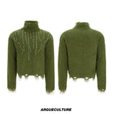 Gemstone Accent Turtleneck Sweater | Winter Knitwear - Green