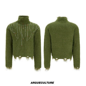 Gemstone Accent Turtleneck Sweater | Winter Knitwear - Green