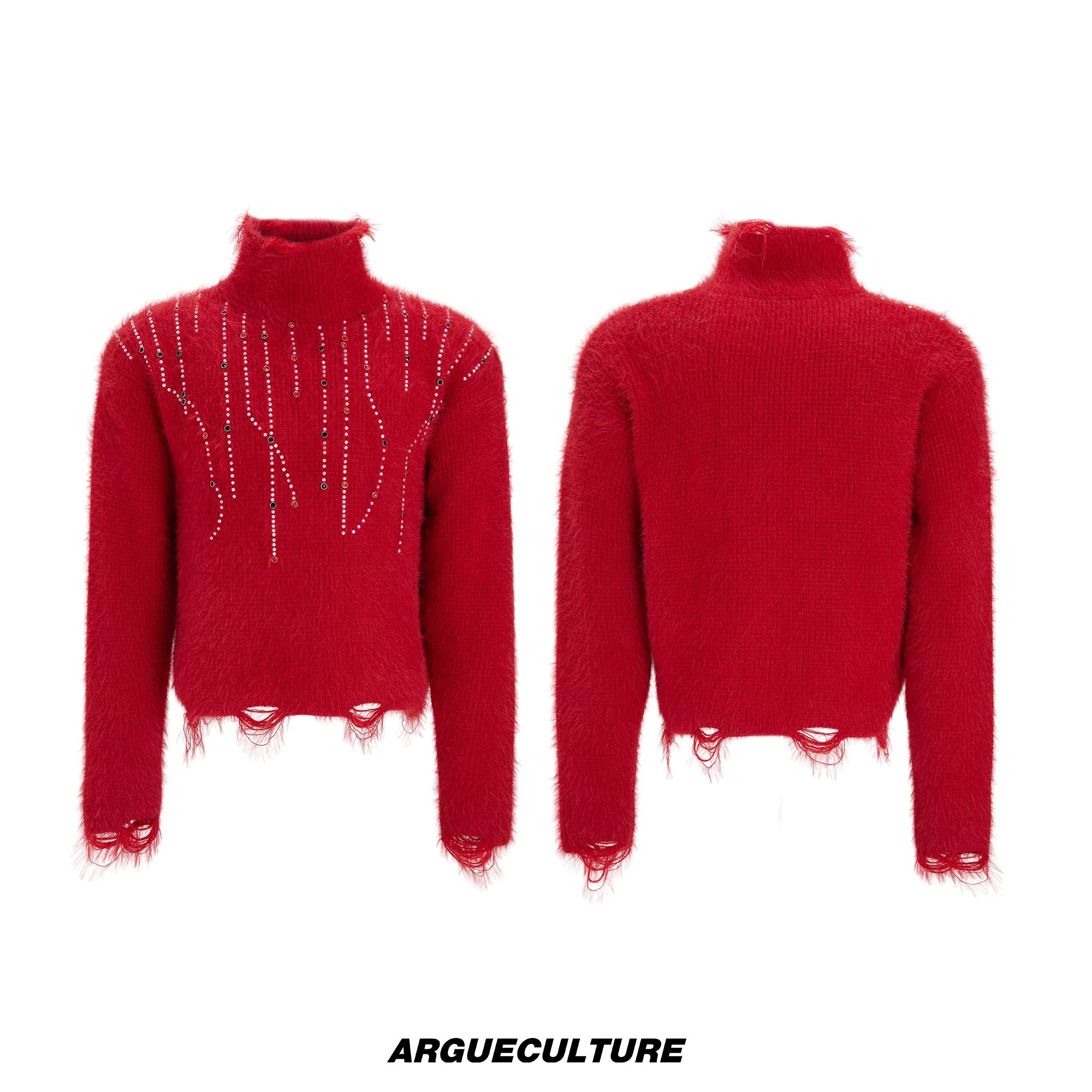 Gemstone Accent Turtleneck Sweater | Winter Knitwear - Red
