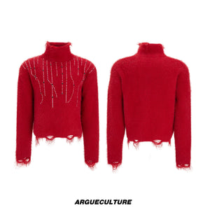 Gemstone Accent Turtleneck Sweater | Winter Knitwear - Red