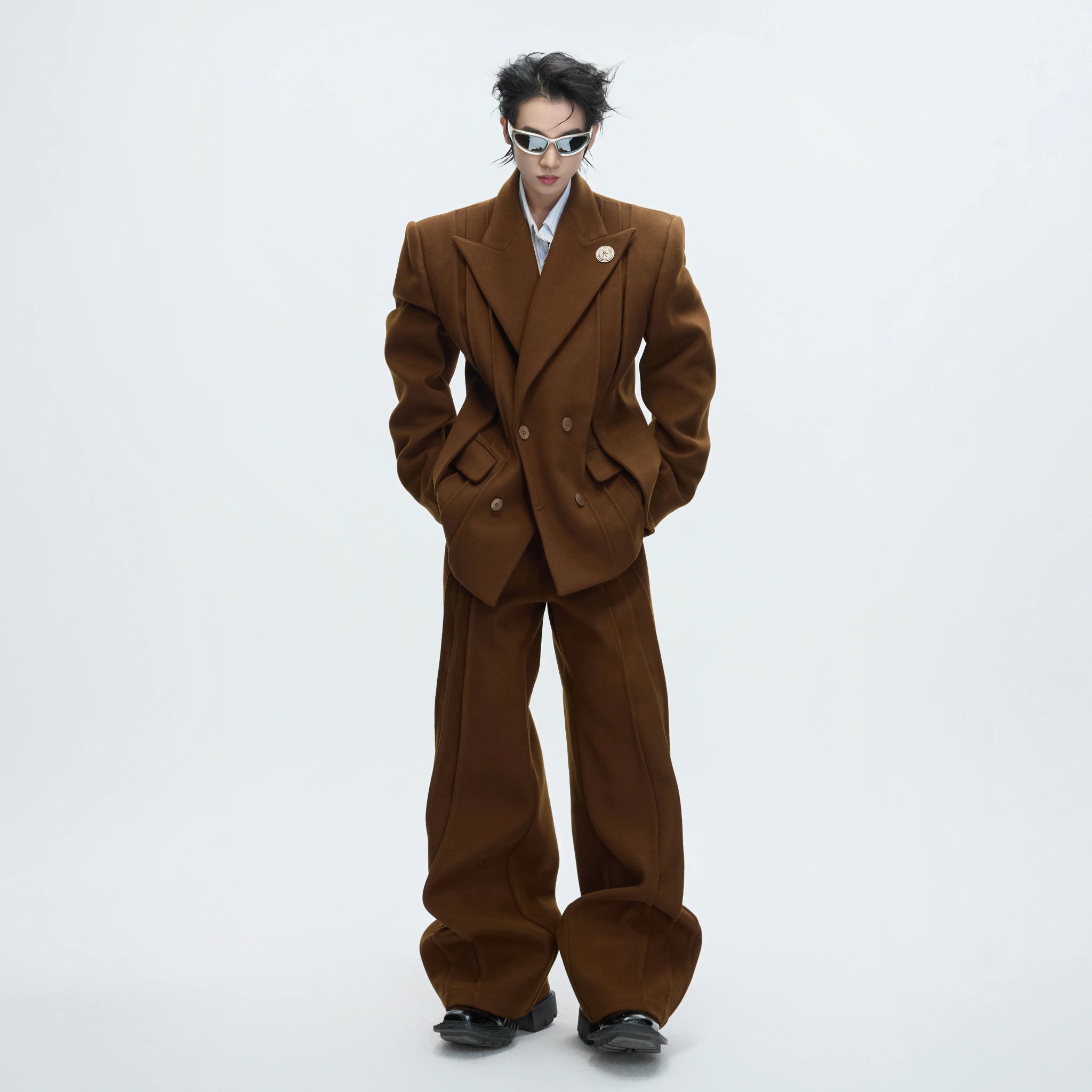 Asymmetric Wool-Blend Suit Set in Gray or Brown - main image 1