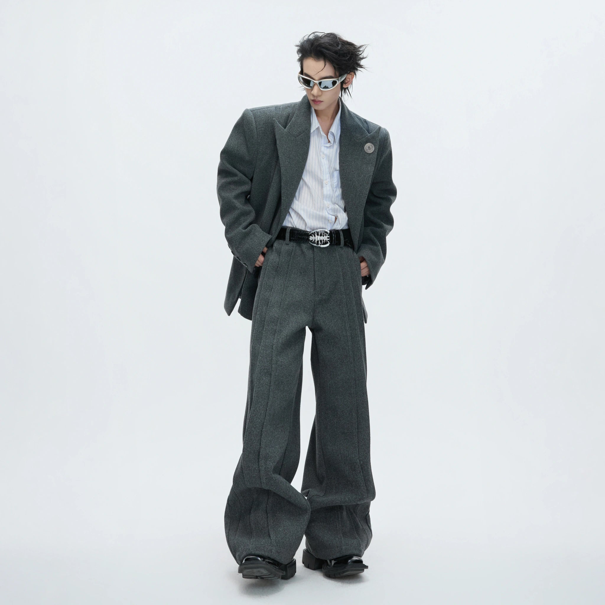Asymmetric Wool-Blend Suit Set in Gray or Brown - main image 2