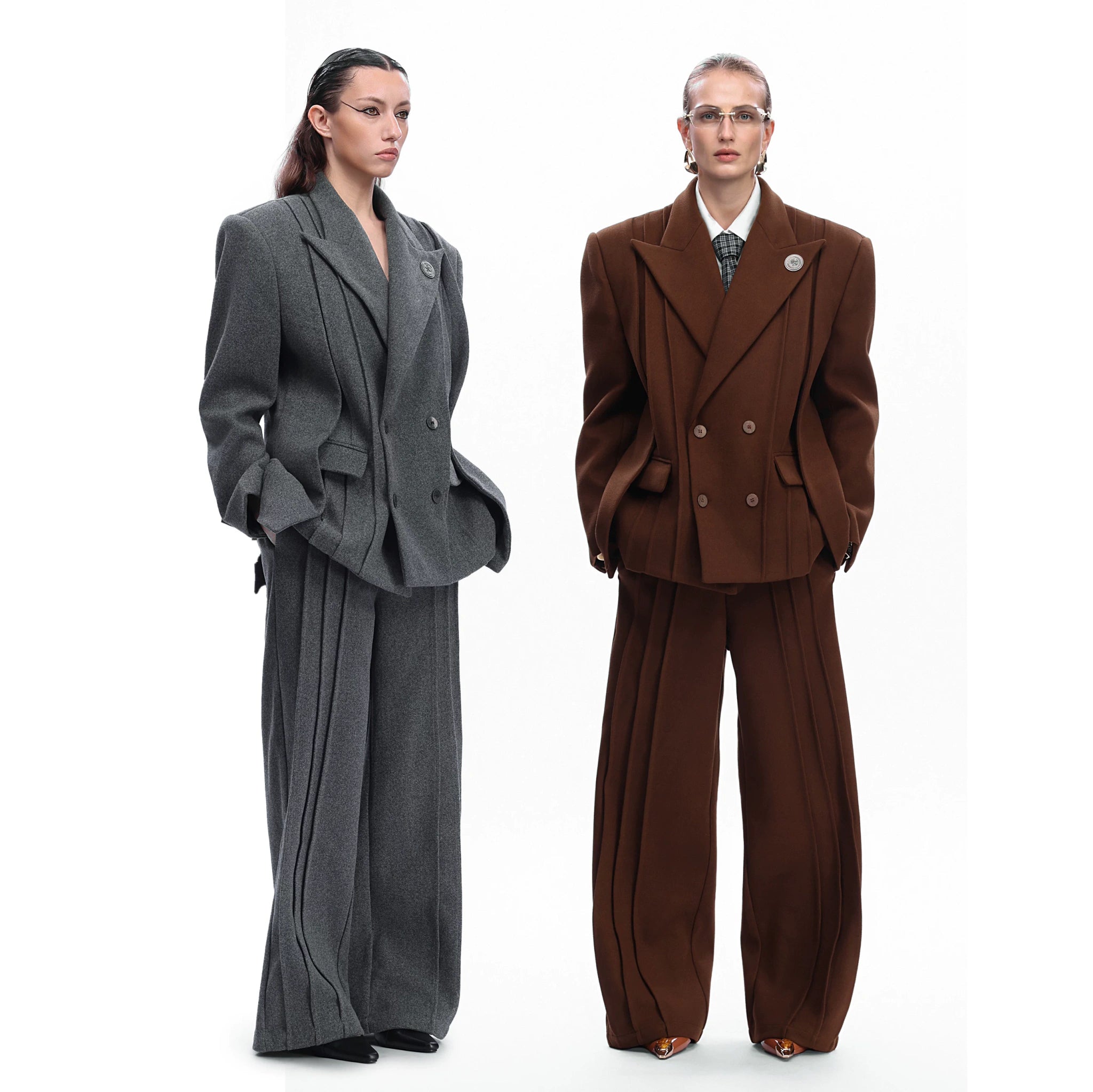 Asymmetric Wool-Blend Suit Set in Gray or Brown - main image 5