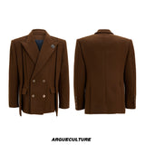 Asymmetric Wool-Blend Suit Set in Gray or Brown - Brown Jacket