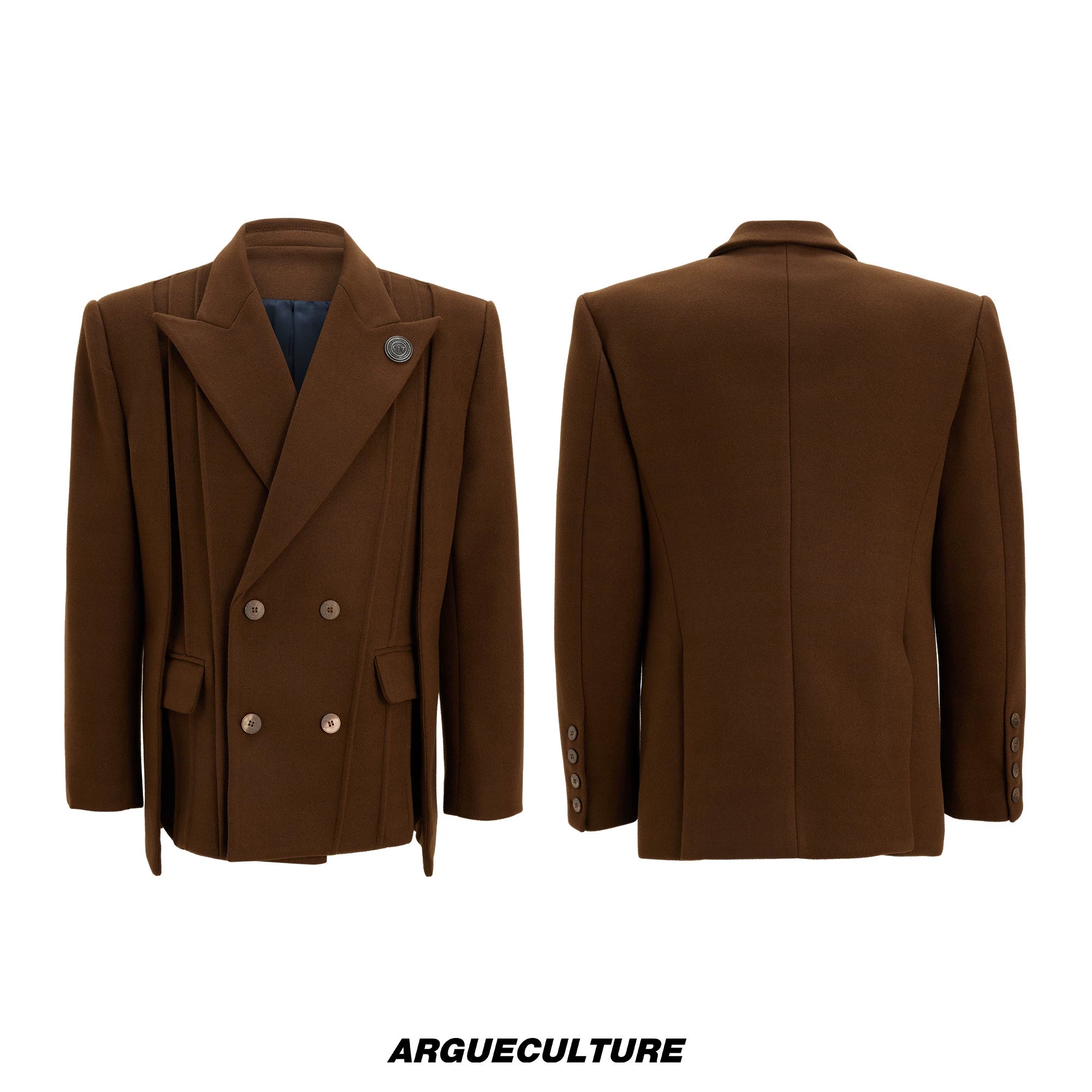 Asymmetric Wool-Blend Suit Set in Gray or Brown - Brown Jacket