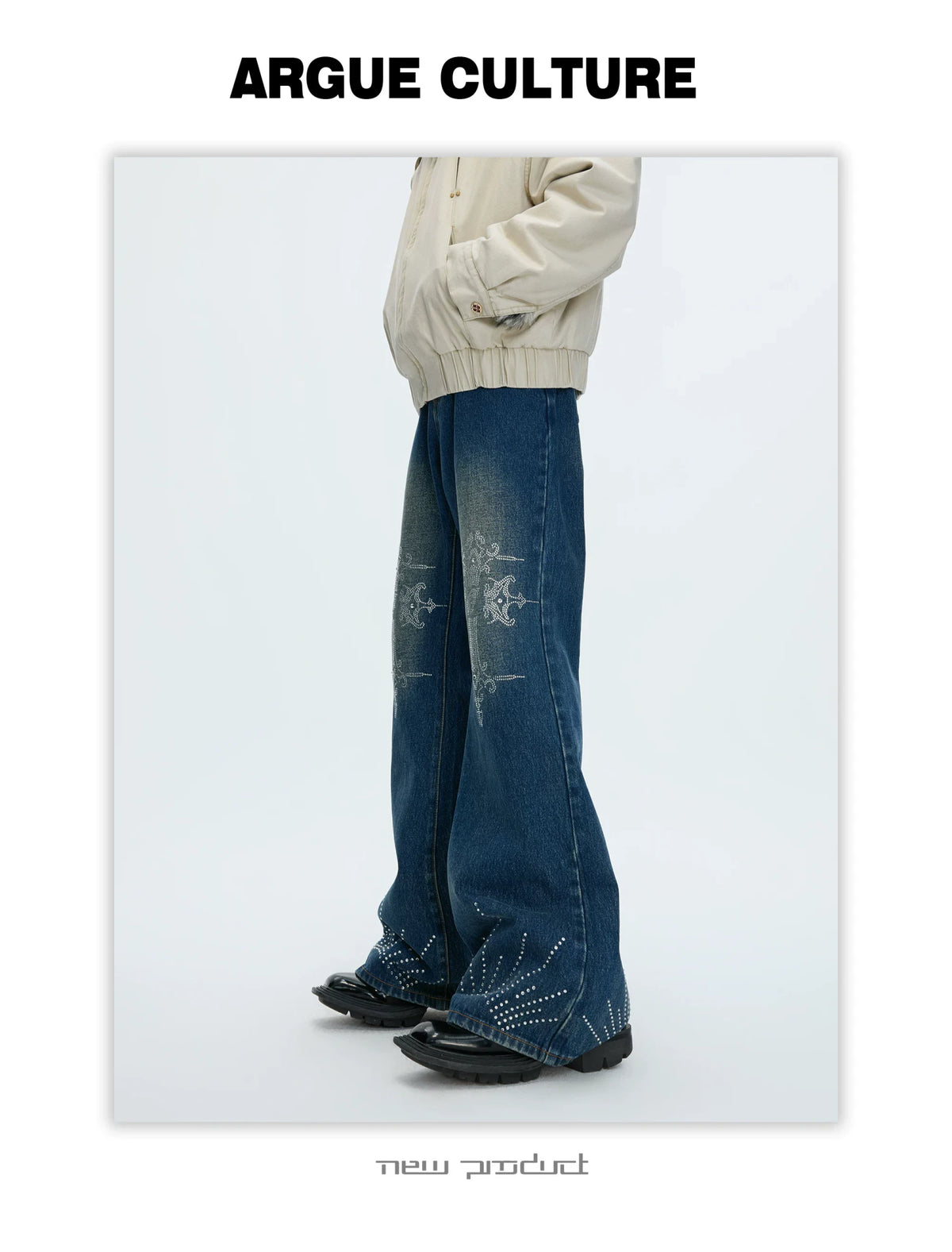 Washed Rhinestone Micro-Flare Jeans | Urban Denim - description image 1