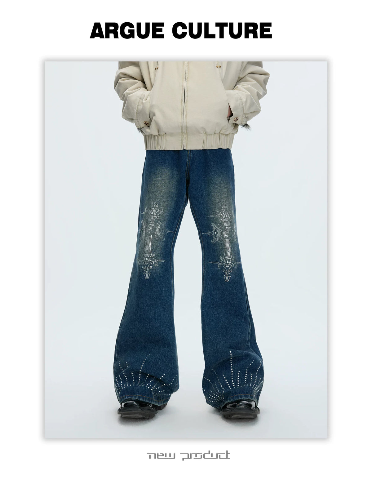 Washed Rhinestone Micro-Flare Jeans | Urban Denim - description image 2