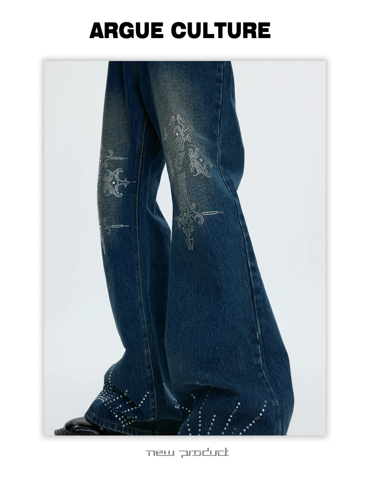 Washed Rhinestone Micro-Flare Jeans | Urban Denim - description image 3