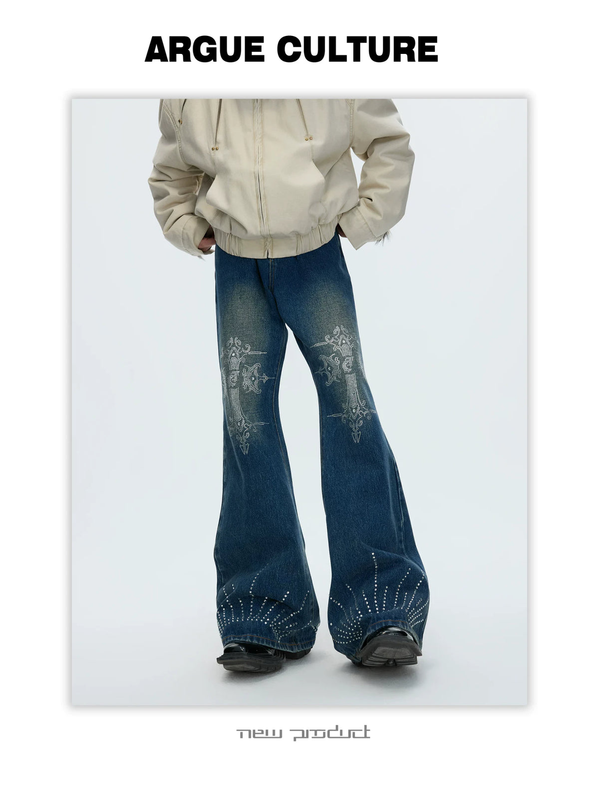 Washed Rhinestone Micro-Flare Jeans | Urban Denim - description image 6