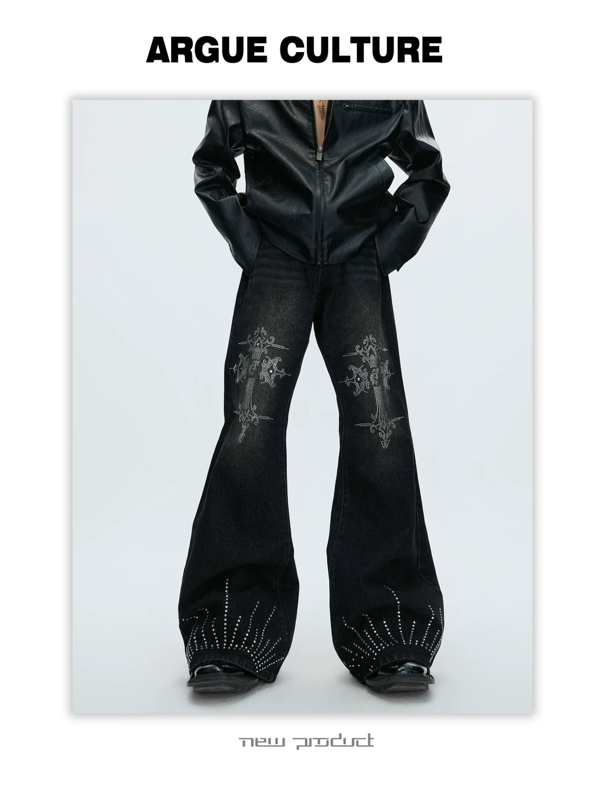 Washed Rhinestone Micro-Flare Jeans | Urban Denim - description image 15