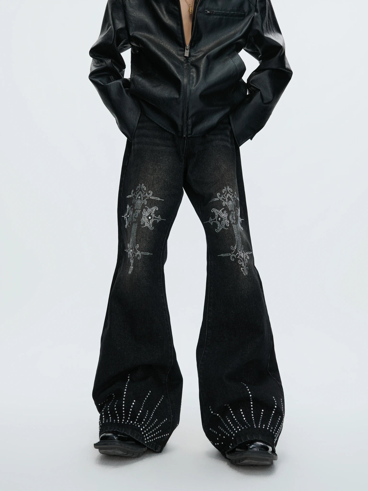 Washed Rhinestone Micro-Flare Jeans | Urban Denim - main image 1