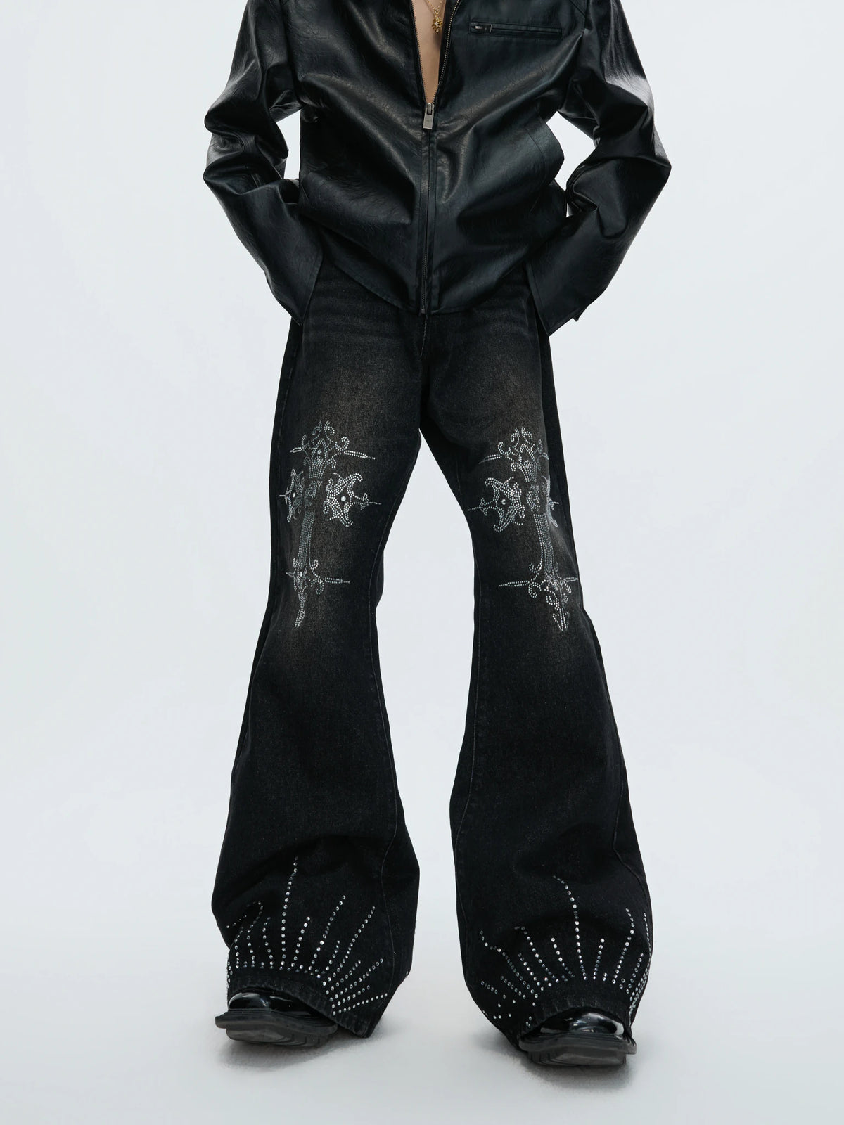 Washed Rhinestone Micro-Flare Jeans | Urban Denim - main image 1