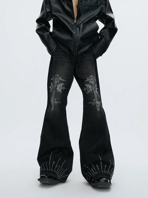 Washed Rhinestone Micro-Flare Jeans | Urban Denim - main image 1
