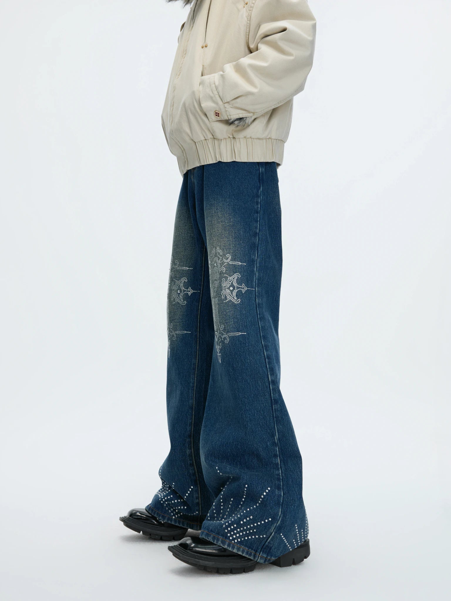 Washed Rhinestone Micro-Flare Jeans | Urban Denim - main image 2