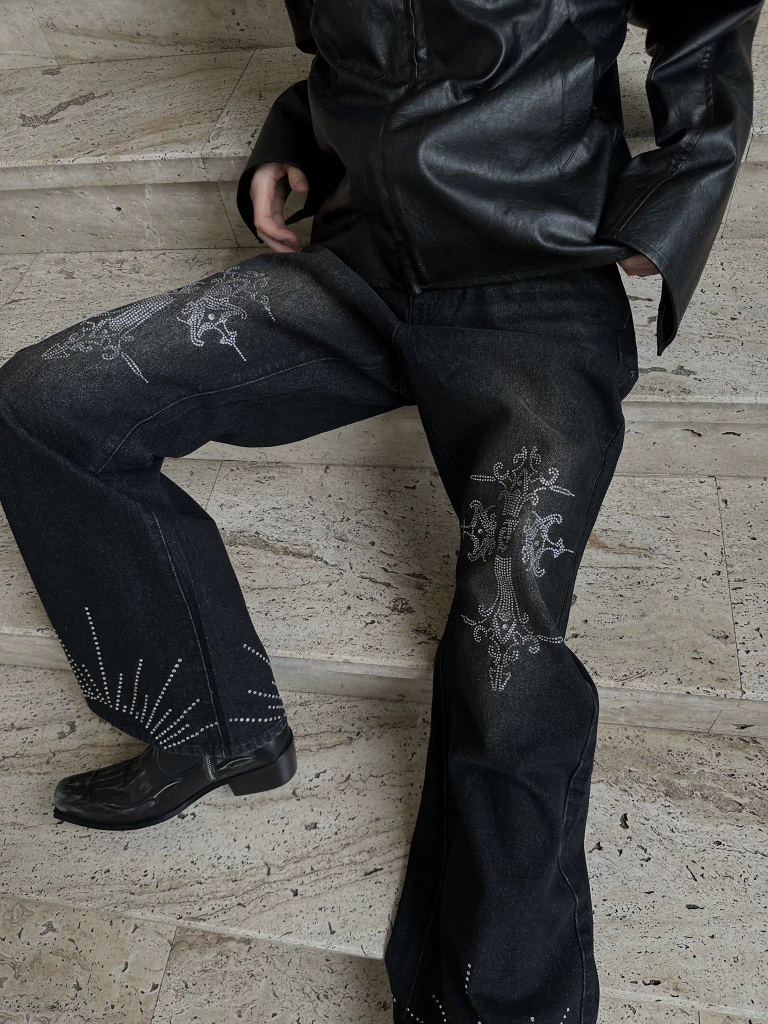 Washed Rhinestone Micro-Flare Jeans | Urban Denim - main image 3