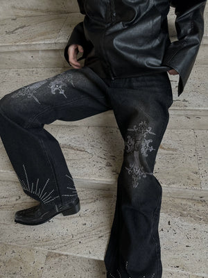 Washed Rhinestone Micro-Flare Jeans | Urban Denim - main image 3