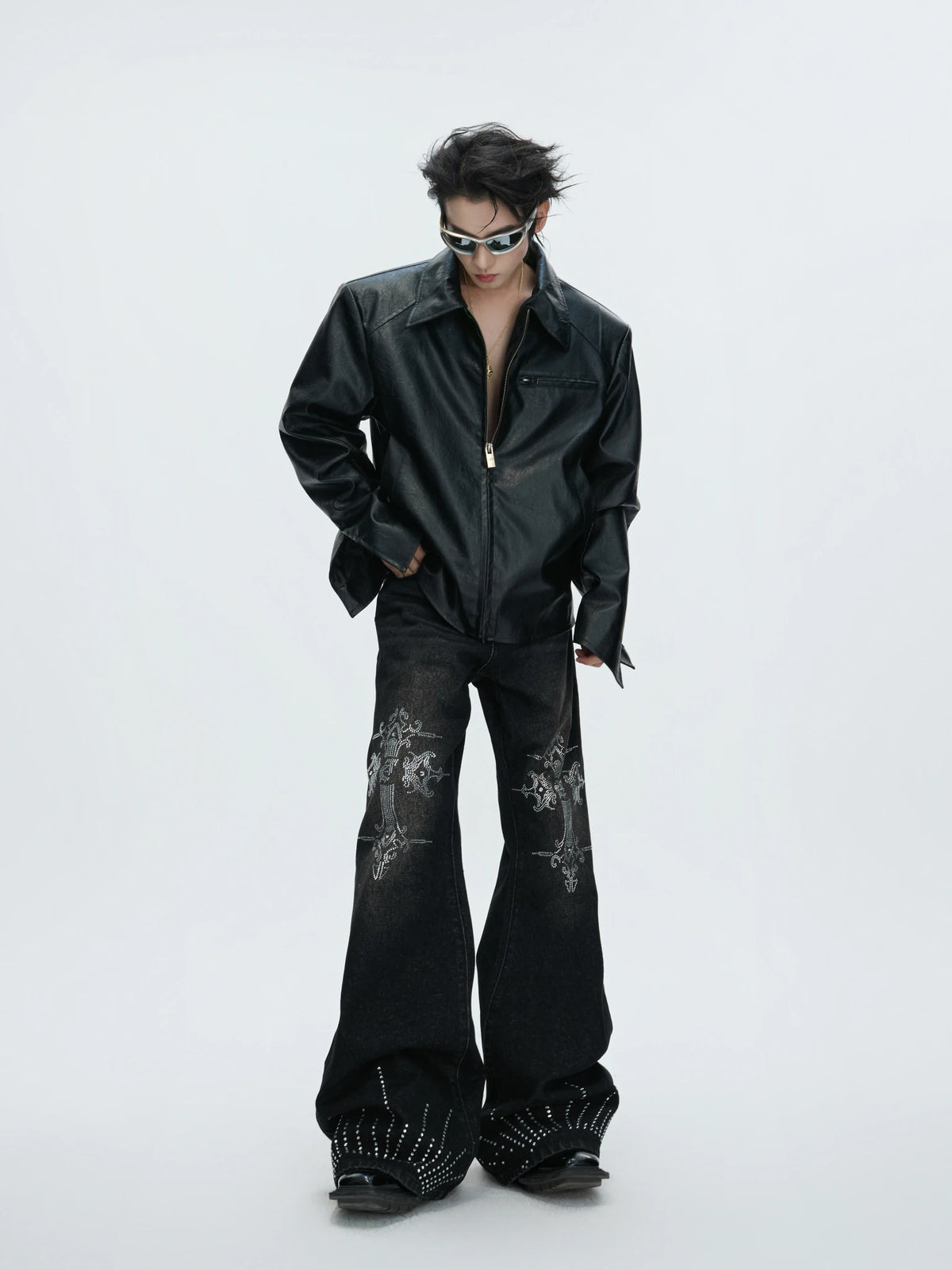 Washed Rhinestone Micro-Flare Jeans | Urban Denim - main image 5