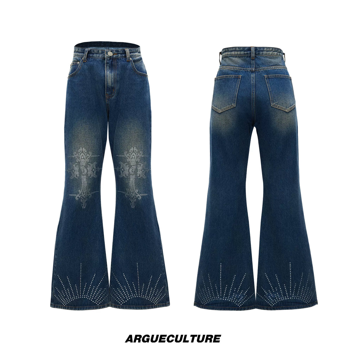 Washed Rhinestone Micro-Flare Jeans | Urban Denim - Blue Pants