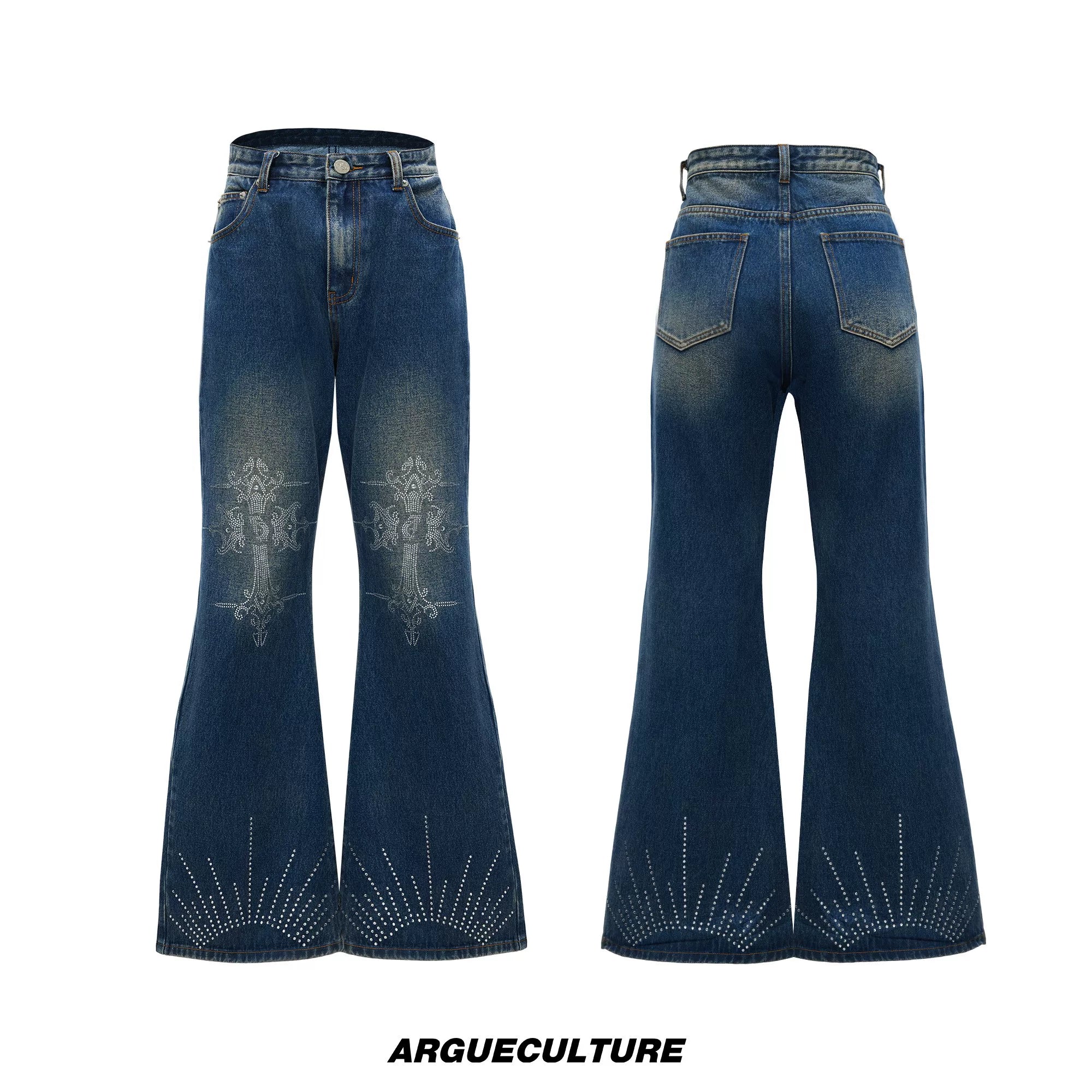 Washed Rhinestone Micro-Flare Jeans | Urban Denim - Blue Pants