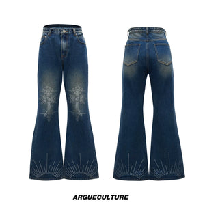 Washed Rhinestone Micro-Flare Jeans | Urban Denim - Blue Pants