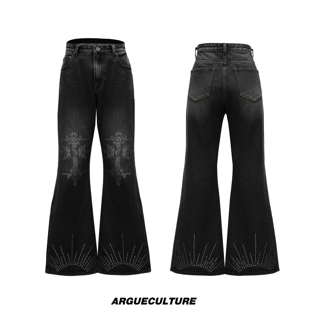 Washed Rhinestone Micro-Flare Jeans | Urban Denim - Black Pants