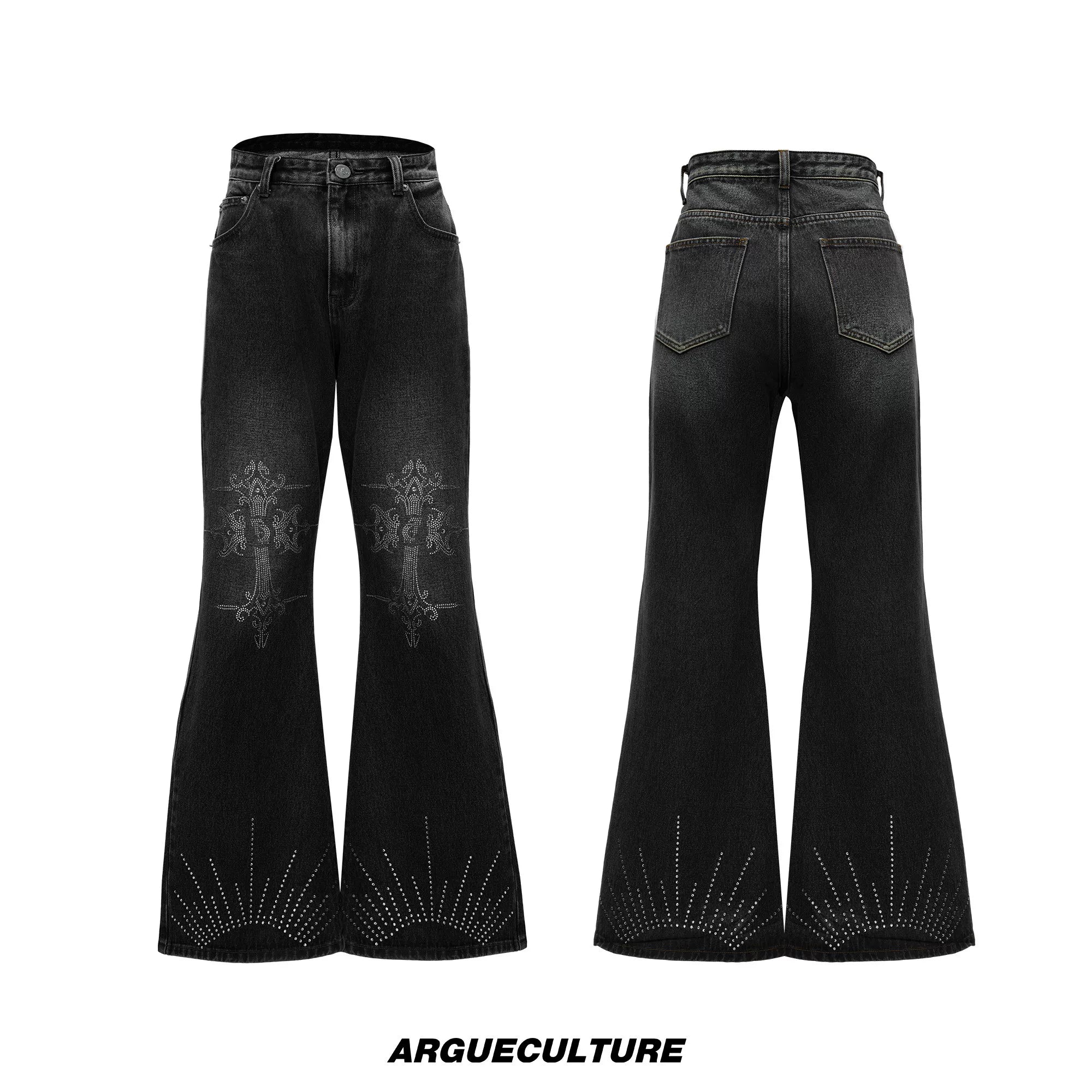 Washed Rhinestone Micro-Flare Jeans | Urban Denim - Black Pants