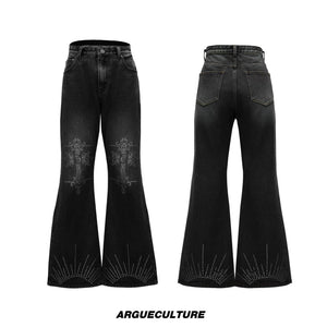 Washed Rhinestone Micro-Flare Jeans | Urban Denim - Black Pants