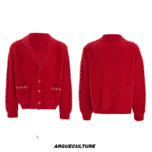 Contrast Stripe Wool-Blend Cardigan Sweater - Red Top