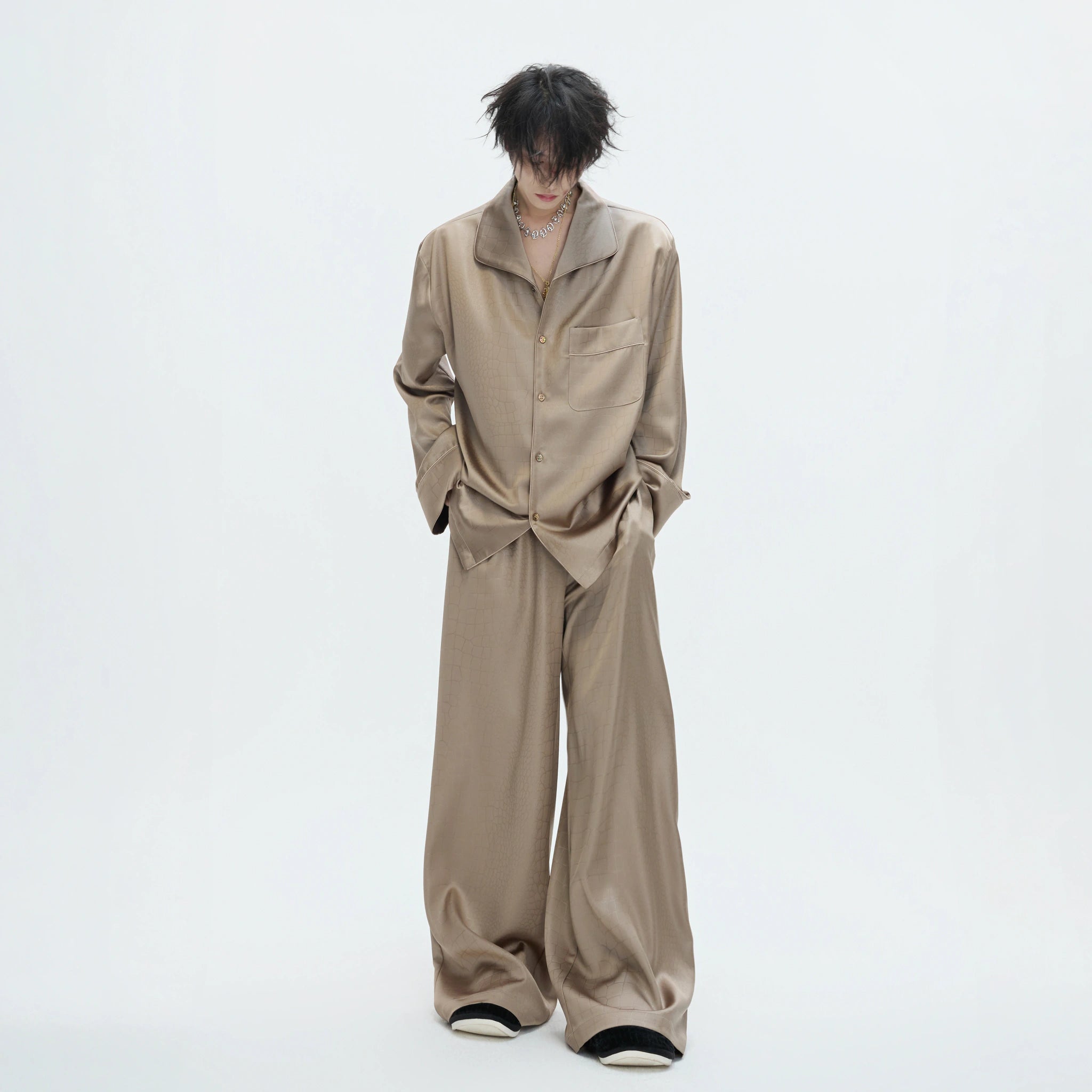 Printed Acetate Pajama Set | Button-Front Loungewear - main image 1