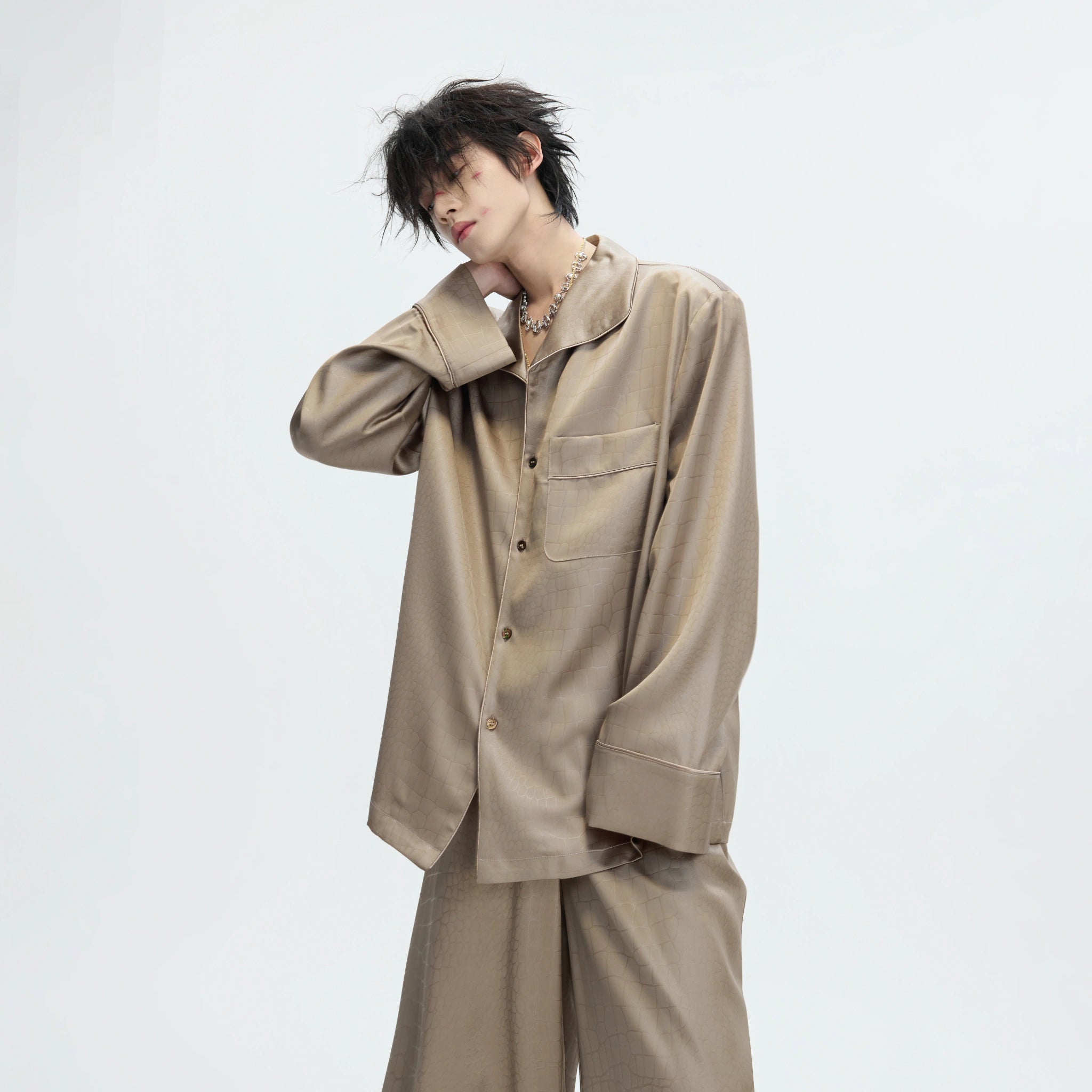 Printed Acetate Pajama Set | Button-Front Loungewear - main image 4