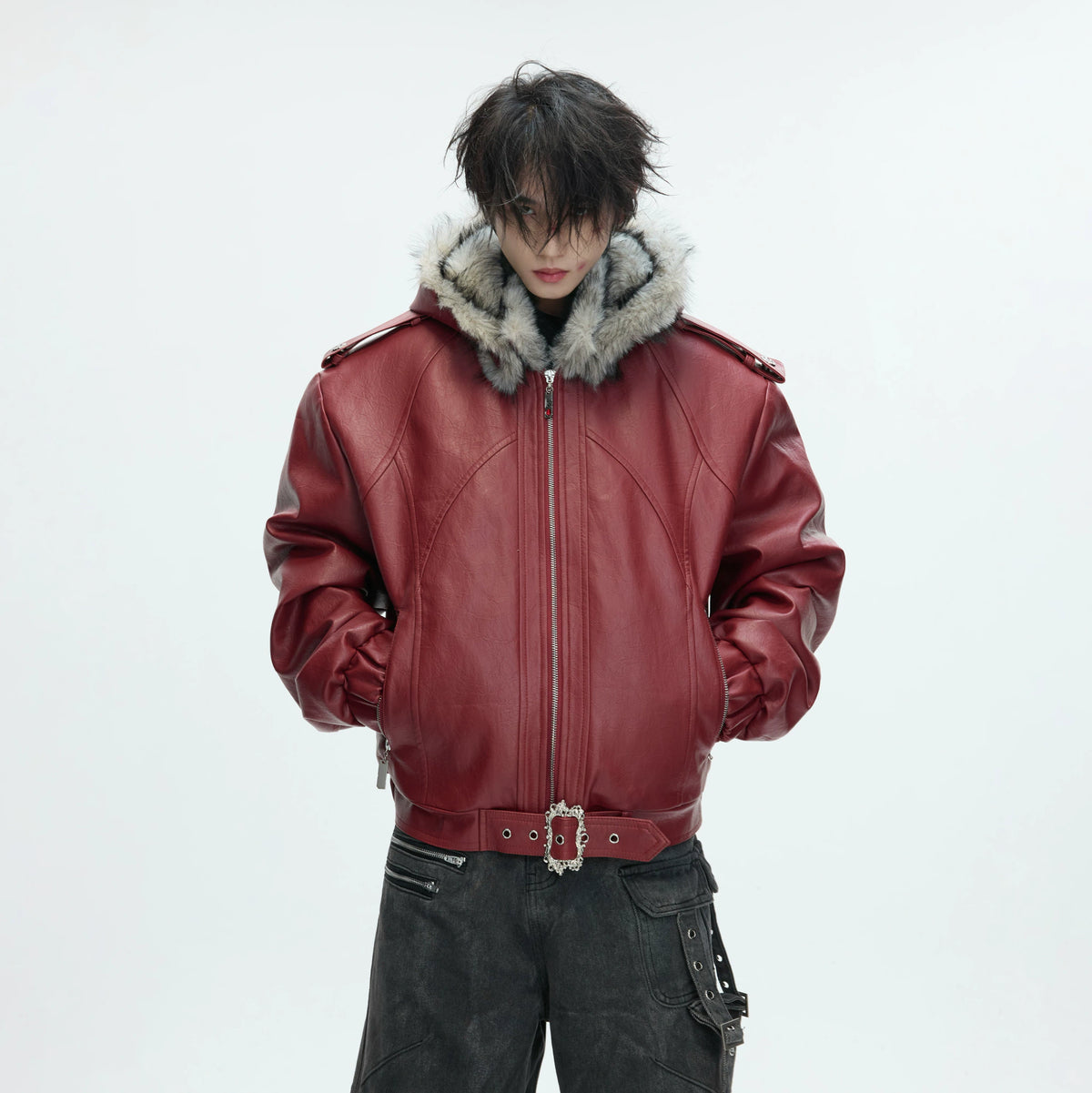 Oversized Hooded Faux Leather Jacket With Zip Front - main image 2