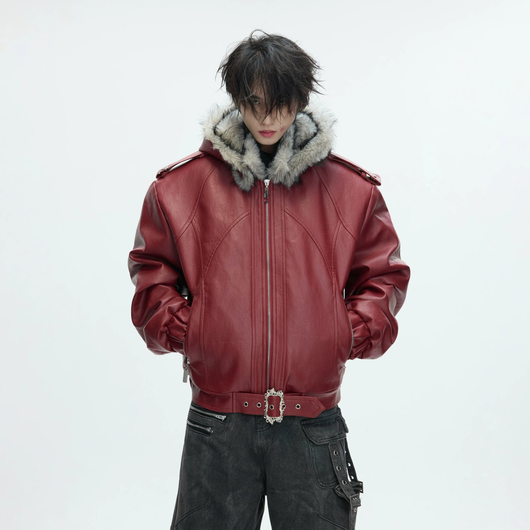 Oversized Hooded Faux Leather Jacket With Zip Front - main image 2