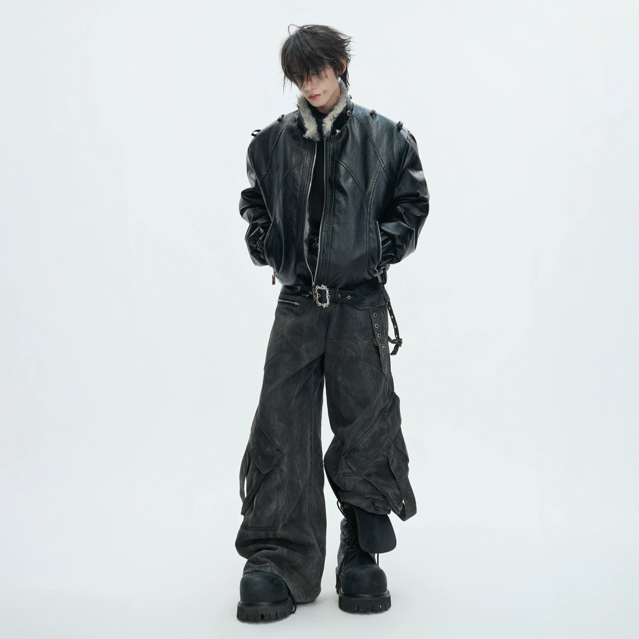 Oversized Hooded Faux Leather Jacket With Zip Front - main image 3