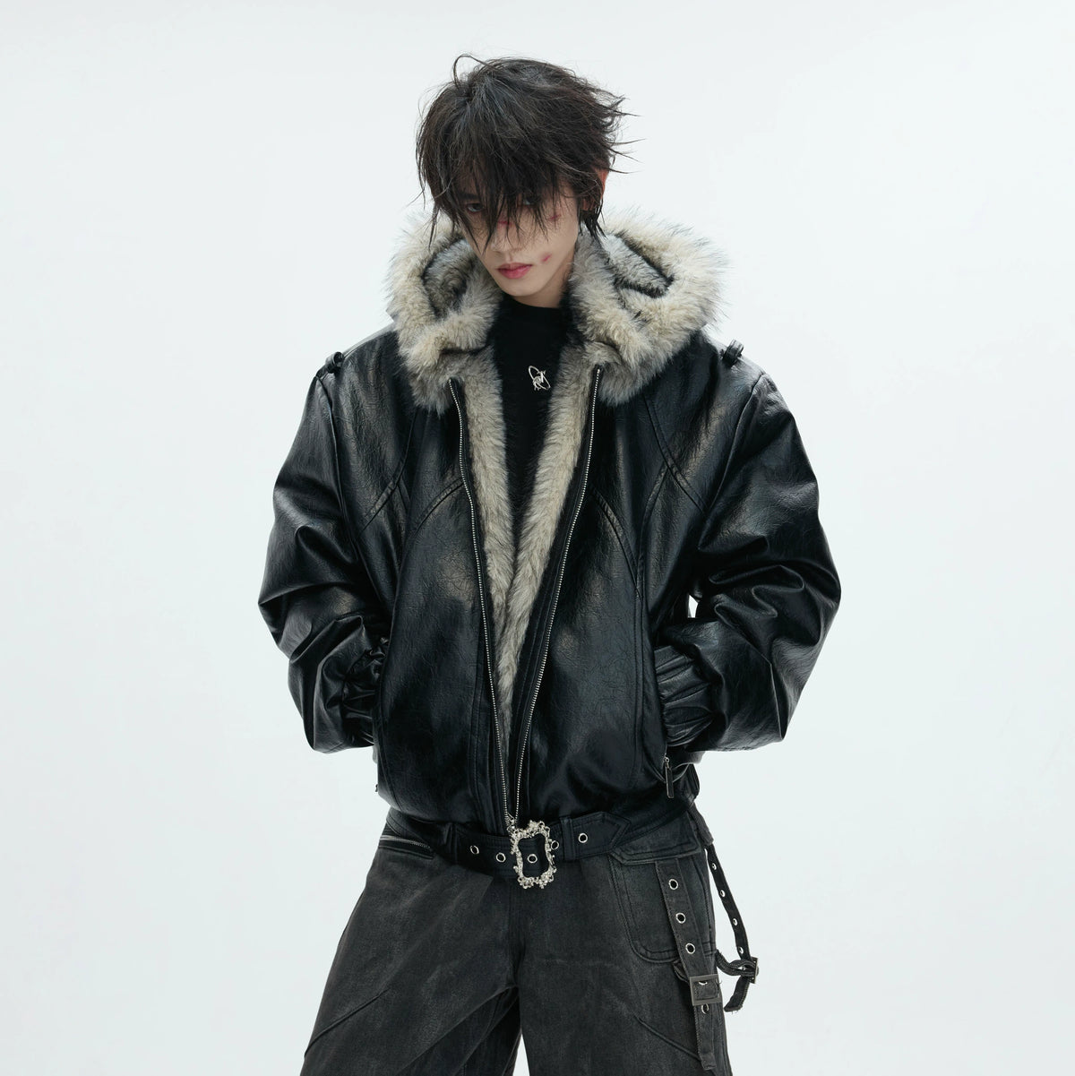 Oversized Hooded Faux Leather Jacket With Zip Front - main image 5