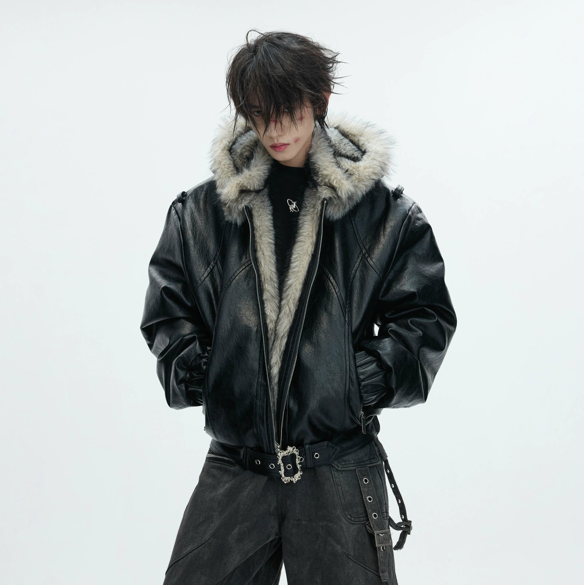 Oversized Hooded Faux Leather Jacket With Zip Front - main image 5