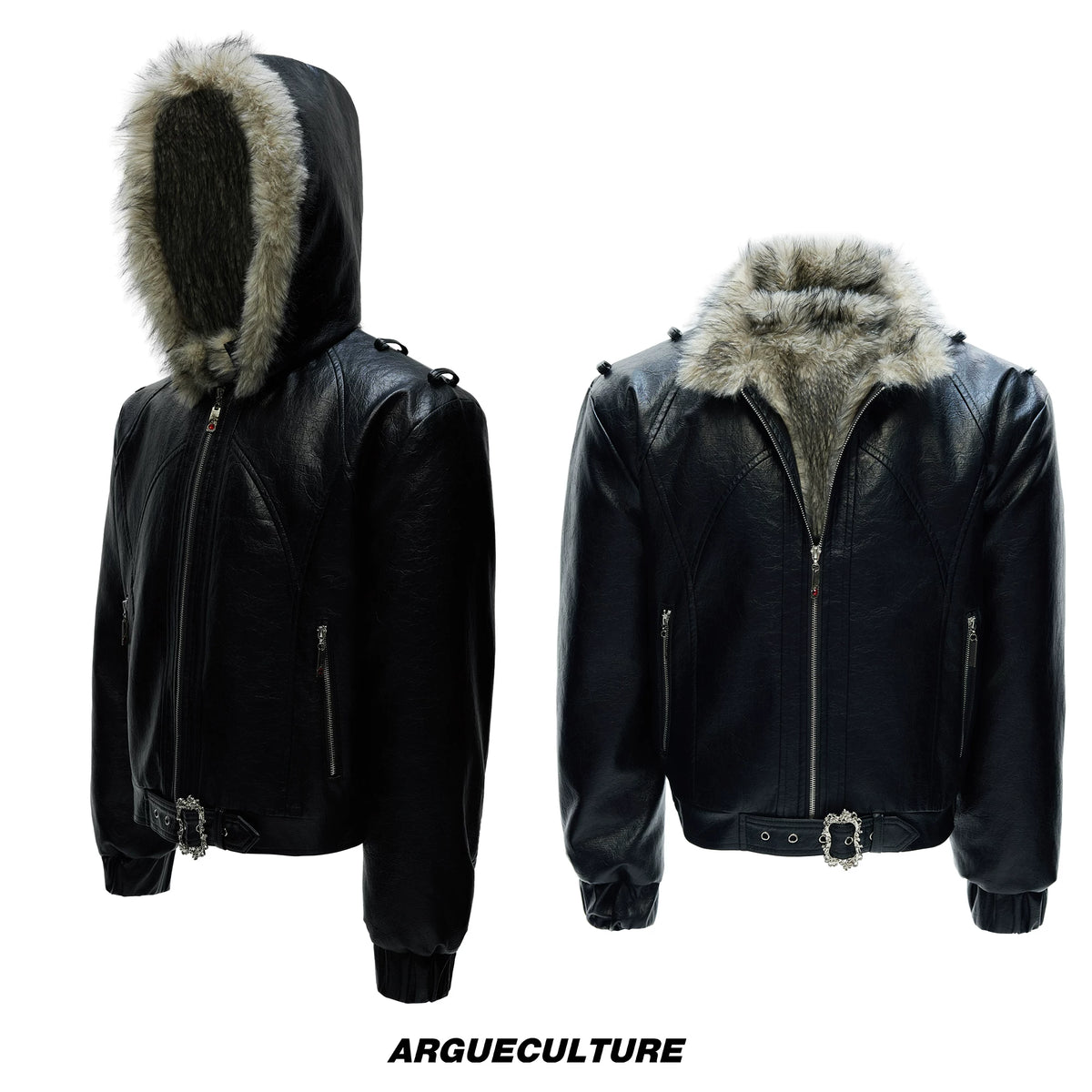 Oversized Hooded Faux Leather Jacket With Zip Front - Black Top with Detachable Hood