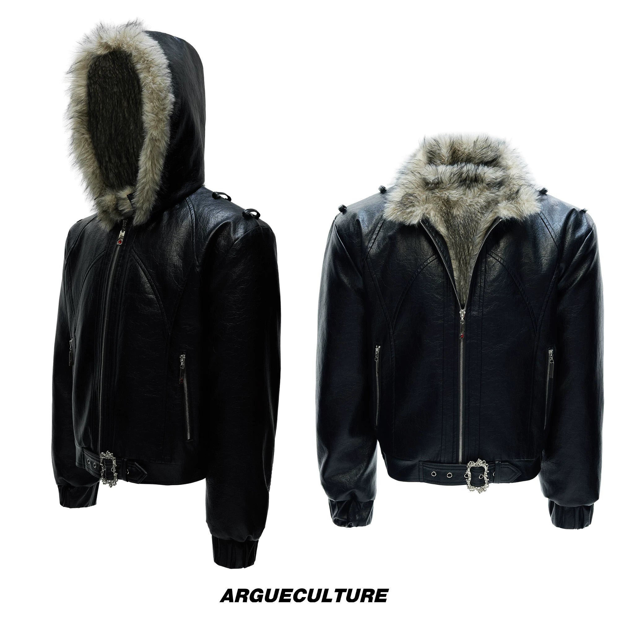 Oversized Hooded Faux Leather Jacket With Zip Front - Black Top with Detachable Hood